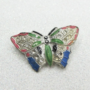 Antique Art Nouveau Butterfly Brooch, Colorful Enamel & Pave Rhinestone Bug / Insect Pin, 1920s Jewelry