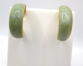 Vintage 1980s Enamel Hoop Earrings- Swirled Sage Green- Gold Plated Hoops- Punk Rocker Jewelry