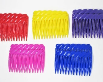 One (1) Pair Vintage 1980s DANISH Hair Combs, Red Yellow Purple Pink Blue,  Decorative Side Combs, Made in France, Hair Accessory Girl Women