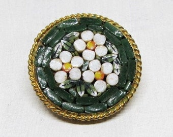 Vintage ITALIAN Micro-Mosaic Brooch Pin, Small Little Emerald Green Glass Mosaic, White Daisy Flowers Floral, 1950s Italy Costume Jewelry