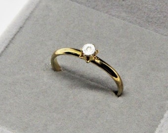 Vintage Tiny Genuine Diamond Solitaire Ring, Promise Engagement Ring, Gold Plated Band, 1980s Minimalist Jewelry, Gift Women Daughter Girls