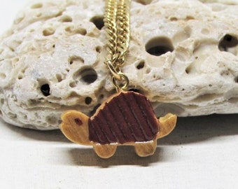 Vintage Teeny Tiny Turtle Necklace, Cute Little Brown Wood Pendant, 18" Gold Chain, 1970s Retro Hippie Jewelry, Animal Lover Gift Teen Girl