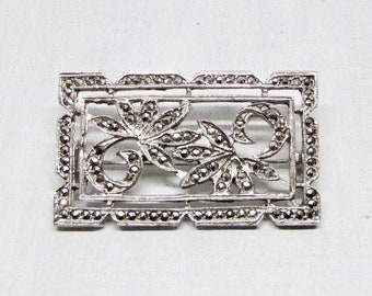 Antique Art Deco 1920s Marcasite Brooch, Floral Leaf Pin, Rhodium Plated Silver, Vintage Art Nouveau Jewelry, Wedding Bridal Something Old