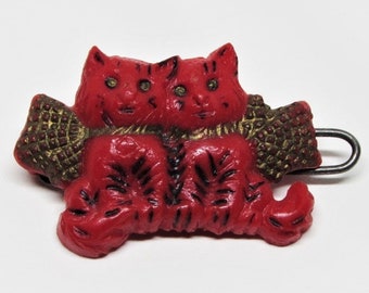 RARE Vintage 1950s Red Kittens with Gold Bows Hair Barrette, Small Celluloid Plastic Decorative Cat Hair Clip, Hair Accessory for Women Girl