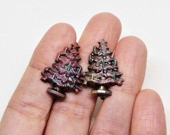 Vintage Christmas Tree Earrings, Brown Celluloid Plastic, Candles Ornaments Star, Silver Screw-Backs, 1930's Art Deco Holiday Jewelry