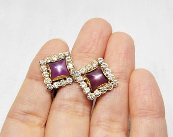 Vintage 1940's Lavender Purple Moonglow Lucite Earrings, Clear Rhinestone Crystals, Gold Diamond Screw-backs, WWII Art Deco Costume Jewelry