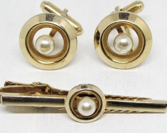 Vintage 1950s Designer ANSON Pearl Cuff-Links & Tie Clip Bar Set- Gold Circle Geometric- Mid-Century Modern Modernist- Mens Jewelry Gift