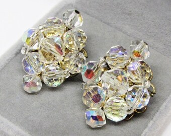Elegant Vintage Crystal Cluster Earrings, AB Clear Faceted Glass Beads, Diamond Shape Clip-Ons, 1950s Wedding Bridal Dressy Costume Jewelry