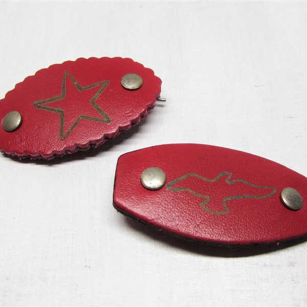 Set of 2 Boho Vintage 1970s Red Hair Barrettes- Bird or Star Design- Genuine Leather- Hippie Hair Accessories- Southwestern Gift for Girls