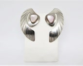 Vintage Native American Sterling Silver Earrings, Pink Mussel Shell, Huge Large Big Etched Bird Wings, Pierced Post, 1980s Fine Jewelry