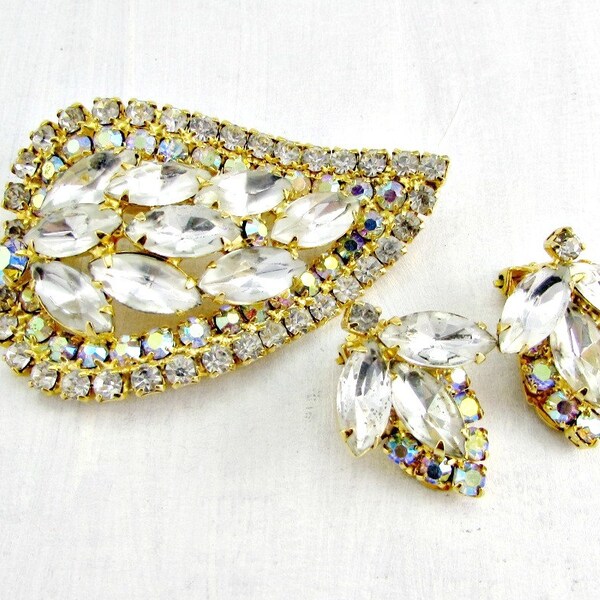 Vintage Gold Leaf Brooch Earrings Set, Frosted White Navette Rhinestones, Aurora Borealis & Clear Crystals, 1960s Juliana Style Jewelry