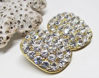 Stunning Large Vintage Sparkly Pave Rhinestone & Gold Clip-On Earrings