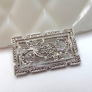 Vintage Marcasite Brooch Silver Leaf, 1920s Bar Pin, Art Deco Brooch Pin, Rhodium Plated Antique Flower Brooch, Art Nouveau Flapper Jewelry