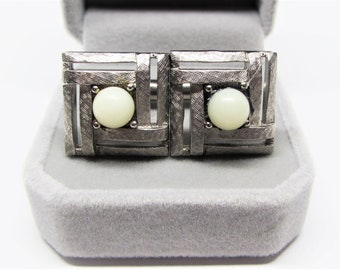 Vintage SWANK Geometric Silver Square Cuff-Links, White Lucite Spheres, Mid-Century Modern Modernist, 1960s Mens Designer Jewelry- Gift Dad