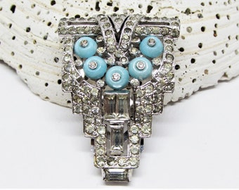 Antique Art Deco KTF TRIFARI Dress Fur Clip, Alfred Philippe, Pave Rhinestones & Blue Glass Beads, Rhodium Plated, Vintage Wedding Jewelry