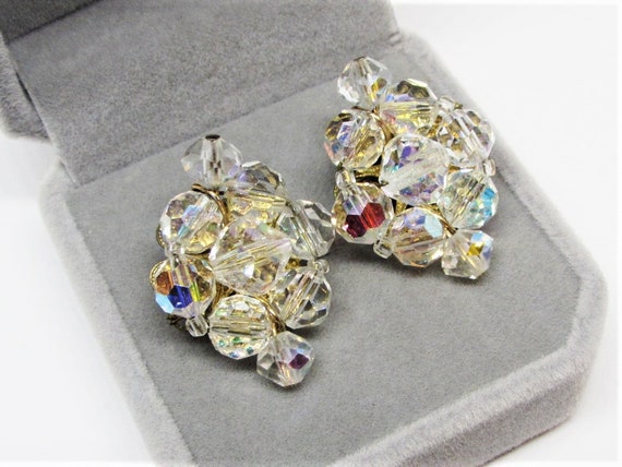 Elegant Vintage Crystal Cluster Earrings, AB Clea… - image 3