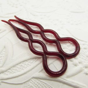 Set of 2 Vintage 1940s Cherry Red Hair Pins, 2.5&quot; Celluloid Plastic U-Shaped Forks, Chignon Bun French Twist Updo, WWII Retro Hair Accessory
