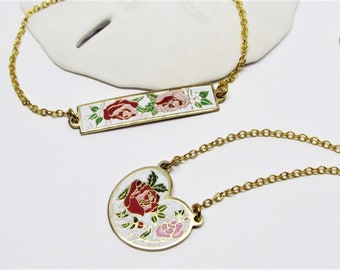 Vintage Cloisonne Enamel Flower Pendant Necklace & Bracelet Set, Romantic Heart, Pink Blue Red Floral Rose, Gold Chain, 1970s Retro Jewelry