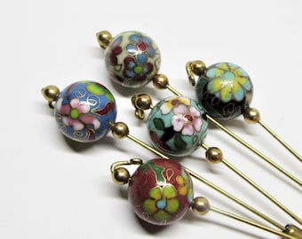 One (1) Vintage Chinese Cloisonne Enamel Floral Bead Stick Pin- Mens Jacket Lapel, Cravat, Tie- Womens Hat, Scarf, Shrug, Shawl Pin Jewelry