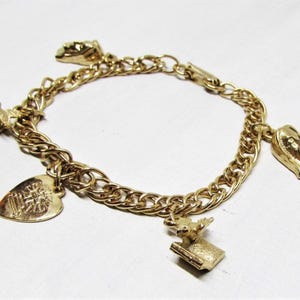 1970s Vintage Girls Charm Bracelet, Lords Prayer Heart Cross Dove Jesus, Gold Chain, Christian Jewelry, Communion Confirm