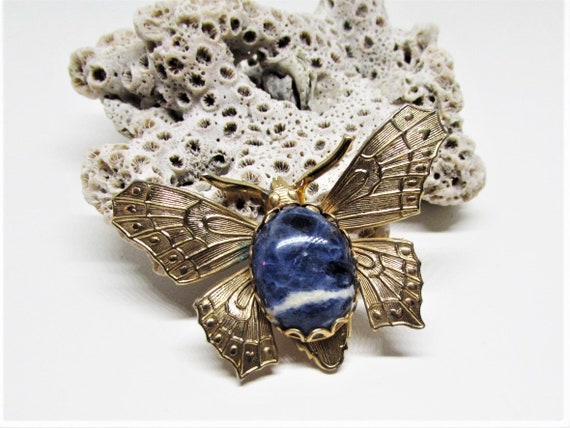 Vintage Blue Sodalite Stone Butterfly Brooch Pin,… - image 4