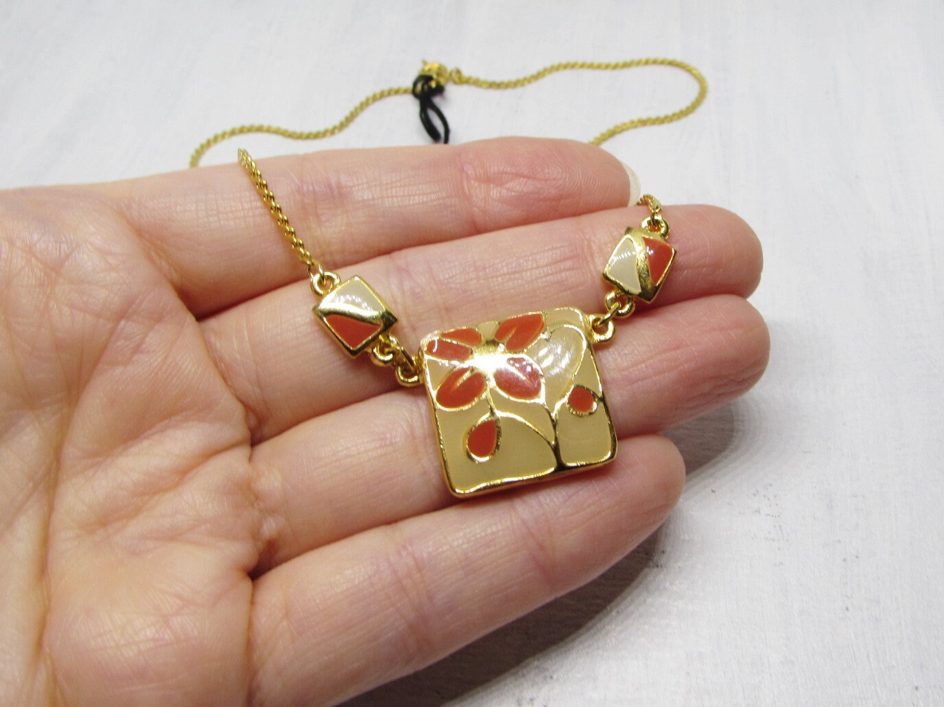 Vintage 1980s Hand Enameled Flower Necklace, Orange Floral