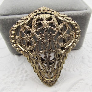 Vintage Gold Filigree Metal Scarf Clip- Fancy Floral Leaf Scarf Ring- Ornate Openwork Slide Ring- 1970s Victorian Revival Costume Jewelry