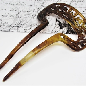 Antique Edwardian Brown & Amber Tortoiseshell Celluloid Hair Comb- Large Hand Carved Floral Vine Hair Fork- Vintage 1900s Art Deco Accessory