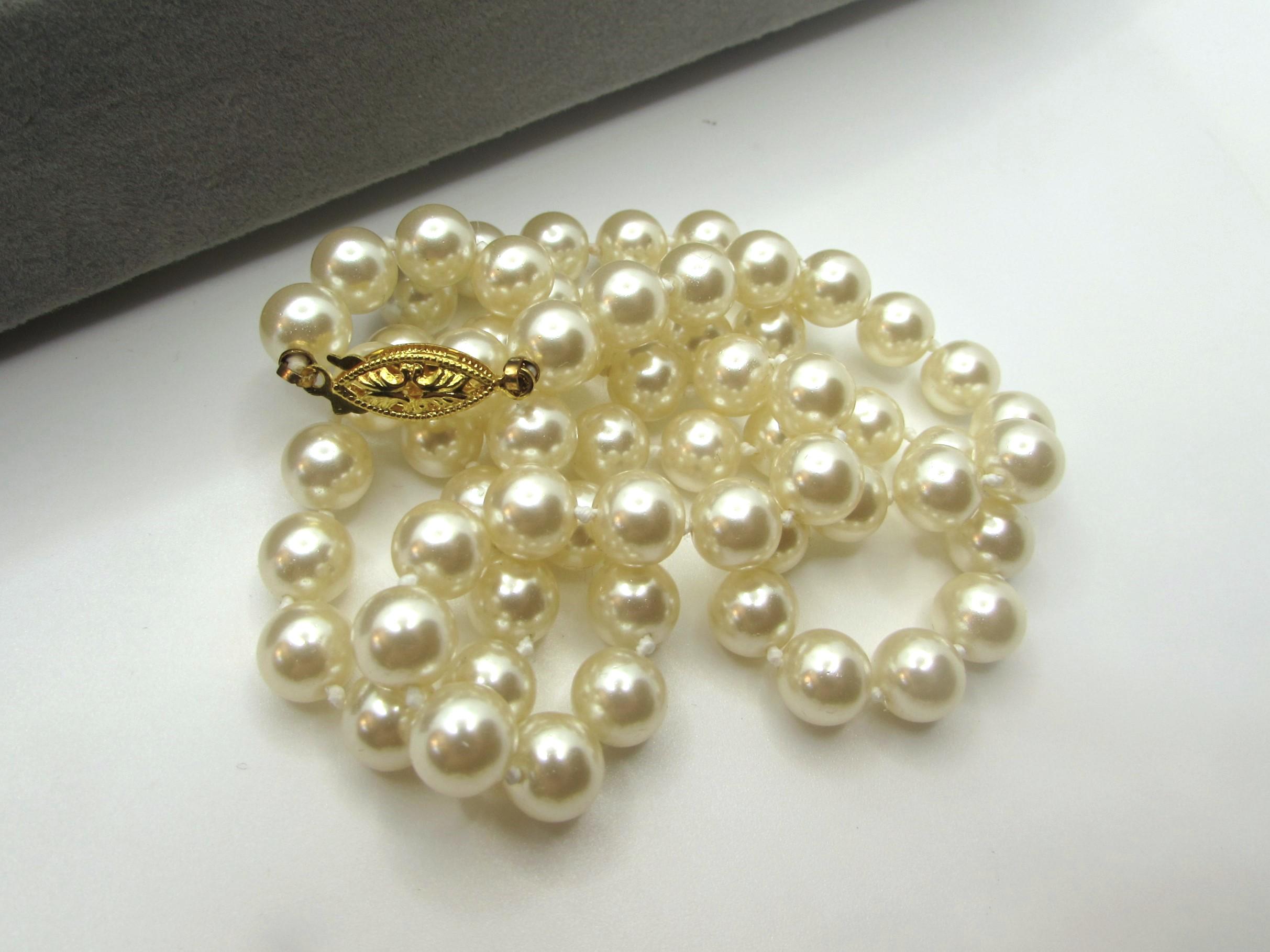 Vintage 1960s Japan 20" Long Ivory Glass Pearl Necklace, Hand Knotted Single / Double Strand, Prom Wedding Bridal Jewelry, Miriam Haskel NOS