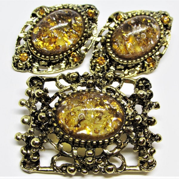 Vintage SELRO Jewelry Set- Topaz Glass Fire Opals- Citrine Rhinestones- Gold Filigree Brooch Pin- Clip On Earrings- 1950s Designer Jewelry