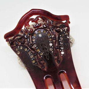 Antieke Victoriaanse haarkam, grote haarvork met strass kristallen, gesneden bloemen bruin schildpad celluloid haarkam, haaraccessoire jaren 1800