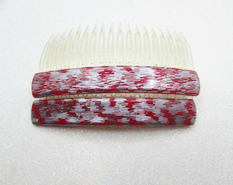 Large Vintage FRENCH Hair Comb Set- Red & Silver Abstract Decorative Side Combs- Retro Fashions