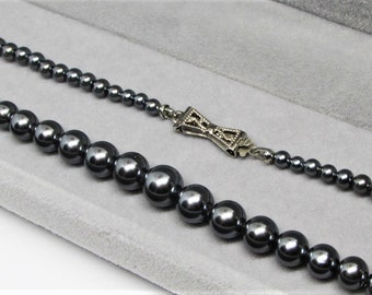 Vintage 1950's JAPAN 18" Gray Glass Pearl Choker Necklace, Graduated Single Strand, Silver Filigree, Japanese Wedding Bridal Prom Jewelry