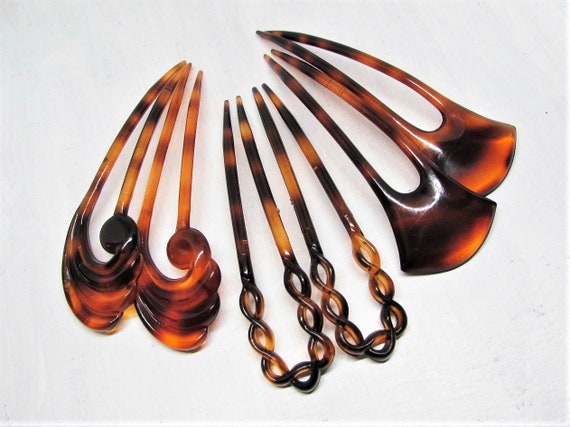 Vintage FRENCH Hair Forks (set of 2), Tortoise-shell Hair  display picture 3