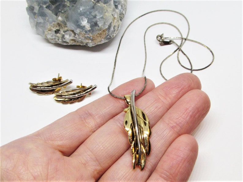 Vintage Gold & Silver Leaf Jewelry Set, Two Tone Mixed Metals, Fall Leaf Pendant Necklace, Pierced Stud Drop Earrings, 1970s Autumn Jewelry image 5
