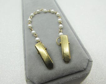 Vintage Faux Pearl Beaded Cardigan Sweater Clip- Silver or Gold Shawl Clasp- Collar Chain