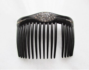 Antique Edwardian Rhinestone Crystal Hair Comb, Large Black Celluloid Pique Point Backcomb Chignon Bun Updo, Vintage 1900 Art Deco Accessory