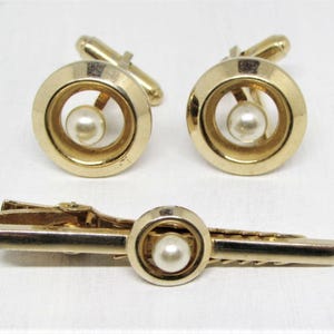 Vintage 1950s Designer ANSON Pearl Cuff-Links & Tie Clip Bar Set- Gold Circle Geometric- Mid-Century Modern Mens Jewelry- Fathers Day Gift