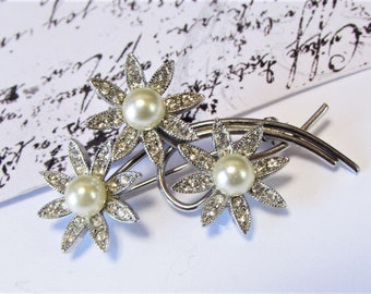 Antique Art Deco Flower Bouquet Brooch, Sparkly Clear Pave Rhinestone Crystals, Elegant Pearl Floral Pin, 1930s Art Nouveau Bridal Jewelry