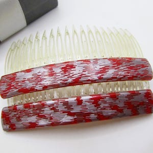 Vintage Large 3.5&quot; FRENCH Hair Comb Set- Abstract Red and Silver Pattern Decorative Backcombs- Made in France- Retro Women&#39;s Hair Accessory