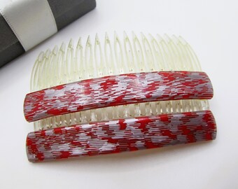 Vintage Large 3.5&quot; FRENCH Hair Comb Set- Abstract Red and Silver Pattern Decorative Backcombs- Made in France- Retro Women&#39;s Hair Accessory