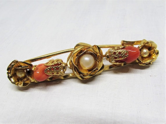 Vintage Safety Pin Brooch- Orange Coral, Pearl, R… - image 2