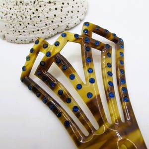 Antieke Edwardiaanse schildpad celluloid haarkam-strass kristallen knot vork-vintage bruiloft bruids accessoire-iets blauws