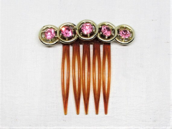 Vintage Pink Rhinestone Hair Comb, Gold Circle Ha… - image 3