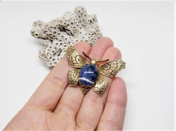 Vintage Blue Sodalite Stone Butterfly Brooch Pin,… - image 7