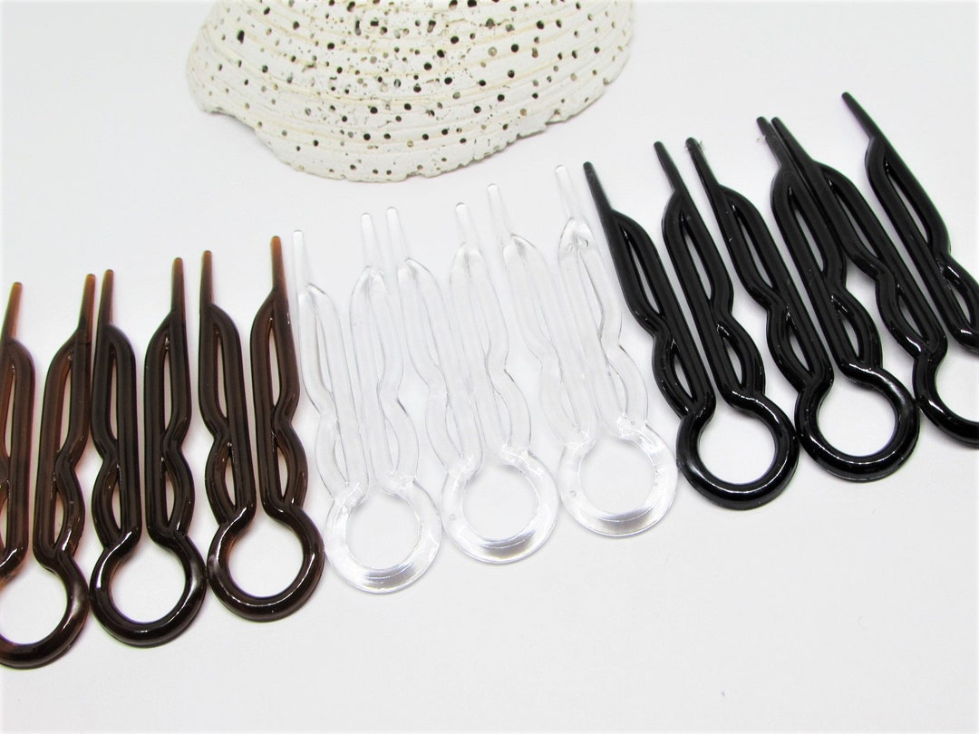 Vintage Plastic Hair Pin Set of 3 Brown, Clear or Black Forks Chignon
