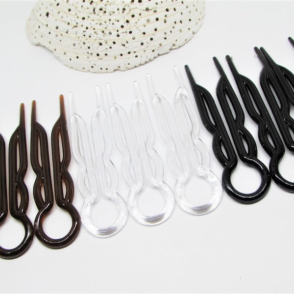 Vintage Plastic Hair Pin Set of 3- Brown, Clear or Black Forks- Chignon Bun French Twist Updo Hairpins- 90s Hair Accessory- Thin Thick Hair