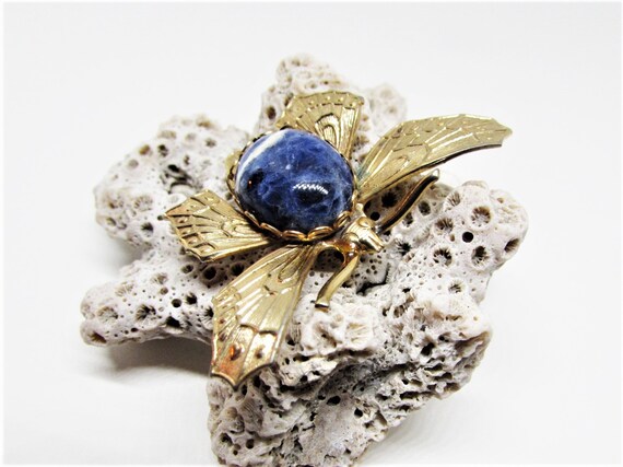 Vintage Blue Sodalite Stone Butterfly Brooch Pin,… - image 3
