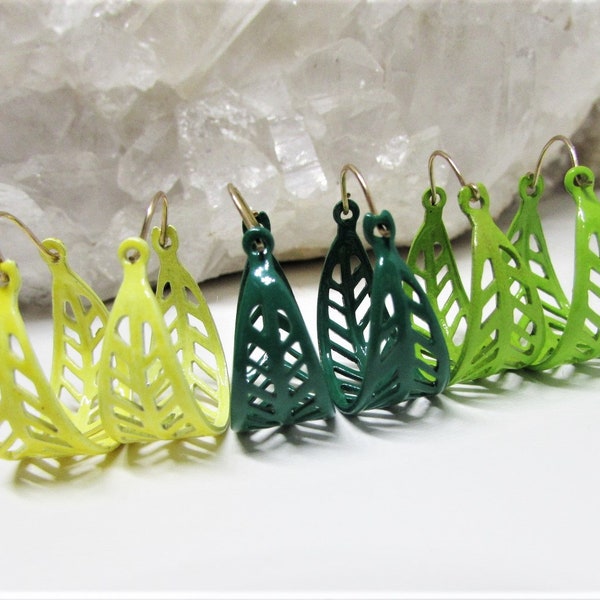 Vintage Filigree Leaf Metal Hoop Earrings, Colorful Neon Yellow Emerald Lime Green Enamel, 1980s Retro MOD Jewelry, Gift for Teen Girls