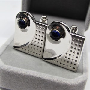 Vintage ANSON Bullet Cuff-Links- Royal Blue Glass Silver Geometric Square- Mid-Century Modern Mens Jewelry- Fathers Day Gift for Dad Husband